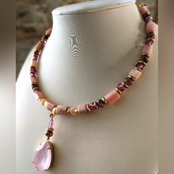 Natural Genuine Pink Opal & Pink Glass in GP Necklace w/ Powder Pink Crystal - Picture 3 of 10